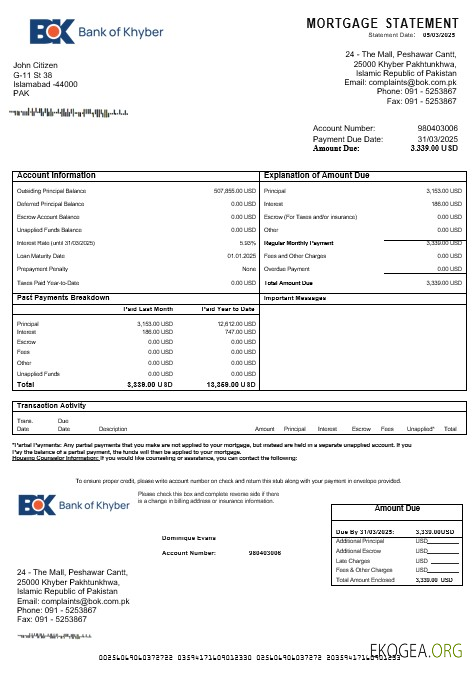 Pakistan , Banque , de , Khyber , hypothèque , relevé , en formats Word et PDF